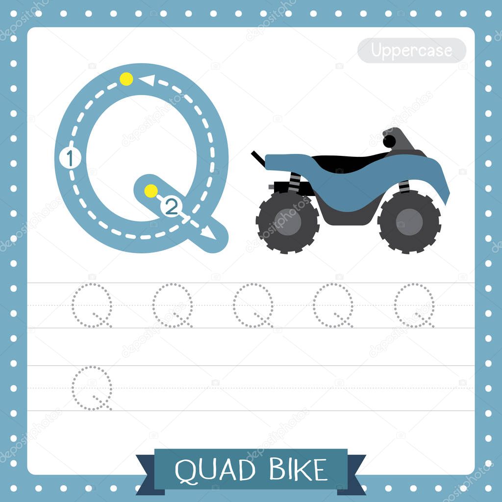 Letter Q uppercase cute children colorful transportations ABC alphabet tracing practice worksheet of Quad Bike for kids learning English vocabulary and handwriting Vector Illustration.