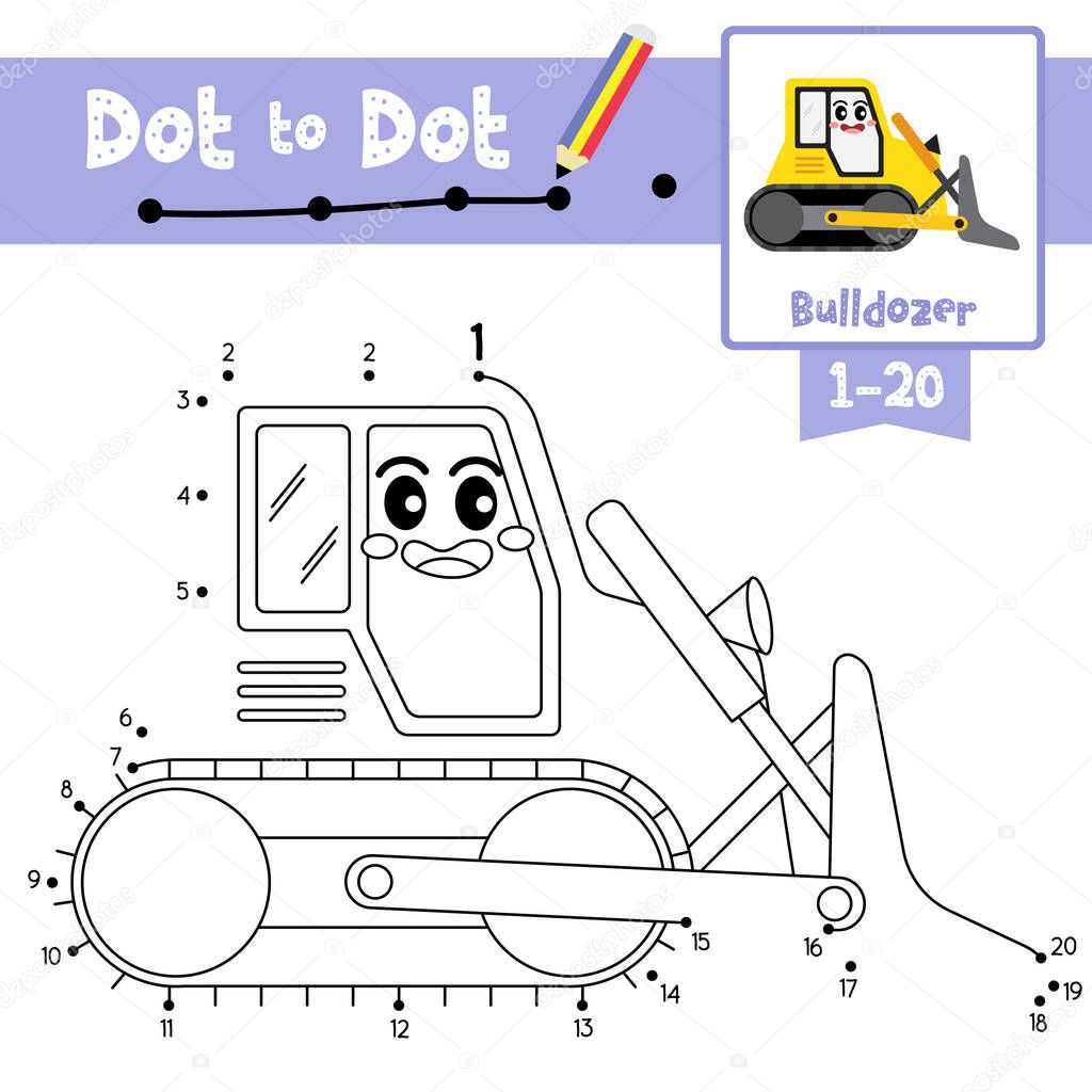 Dot to dot educational game and Coloring book of cute Bulldozer cartoon character side view transportations for preschool kids activity about learning counting number 1-20 and handwriting practice worksheet. Vector Illustration.
