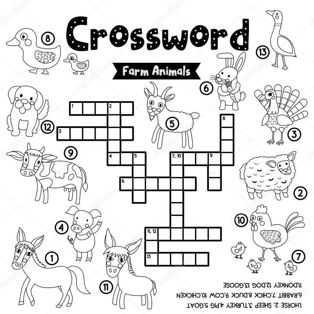 Crosswords puzzle game of farm animals for preschool kids activity worksheet coloring printable version. Vector Illustration.
