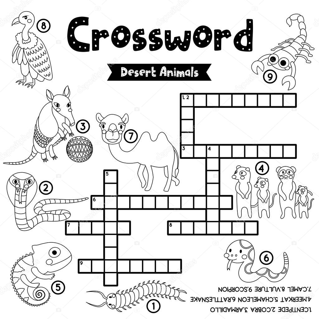 Crosswords puzzle game of desert animals for preschool kids activity worksheet coloring printable version. Vector Illustration.