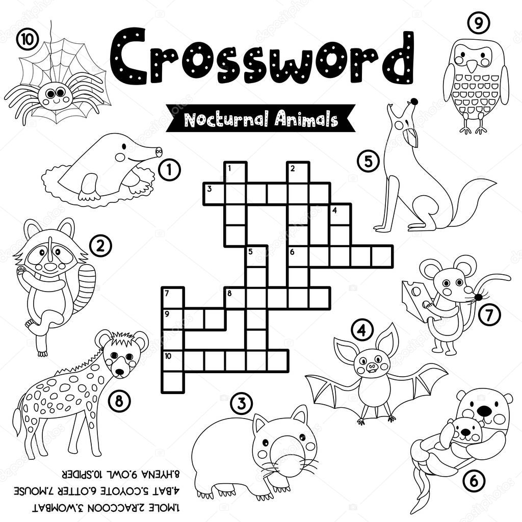 Crosswords puzzle game of nocturnal animals for preschool kids activity worksheet coloring printable version. Vector Illustration.