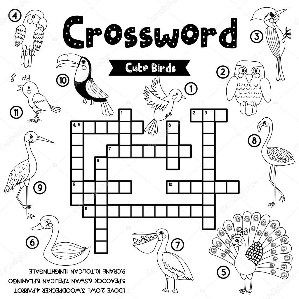 Crosswords puzzle game of cute birds animals for preschool kids activity worksheet coloring printable version. Vector Illustration.