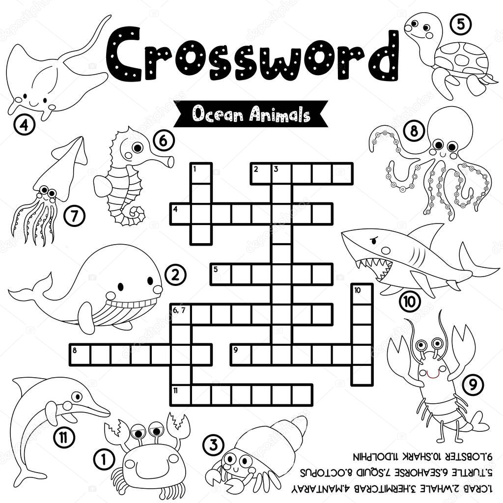 Crosswords puzzle game of ocean animals for preschool kids activity worksheet coloring printable version. Vector Illustration.