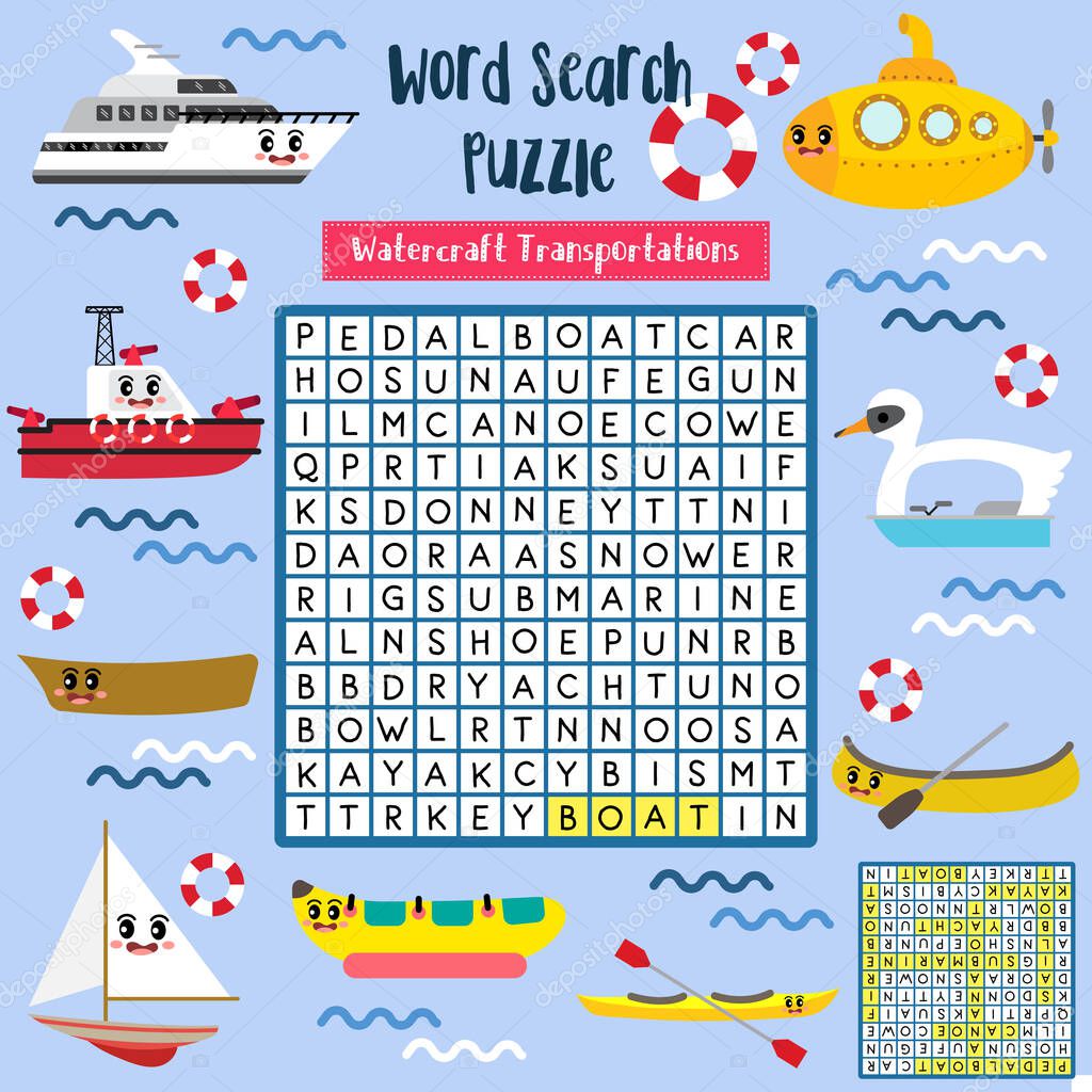 Words search puzzle game of watercraft Transportations for preschool kids activity worksheet colorful printable version. Vector Illustration.