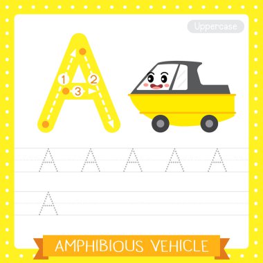 Letter A uppercase cute children colorful transportations ABC alphabet tracing practice worksheet of Amphibious Vehicle for kids learning English vocabulary and handwriting Vector Illustration. clipart