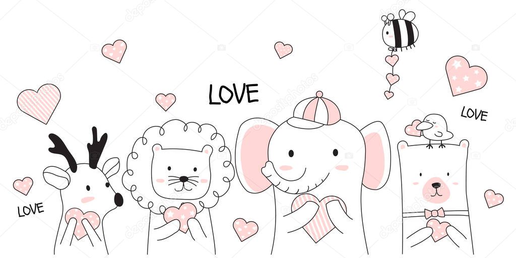 Cute animal cartoon hand drawn style with love