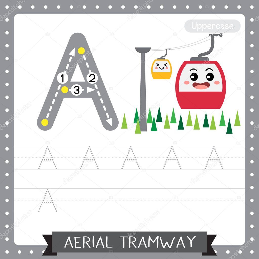 Letter A uppercase cute children colorful transportations ABC alphabet tracing practice worksheet of Aerial Tramway for kids learning English vocabulary and handwriting Vector Illustration.