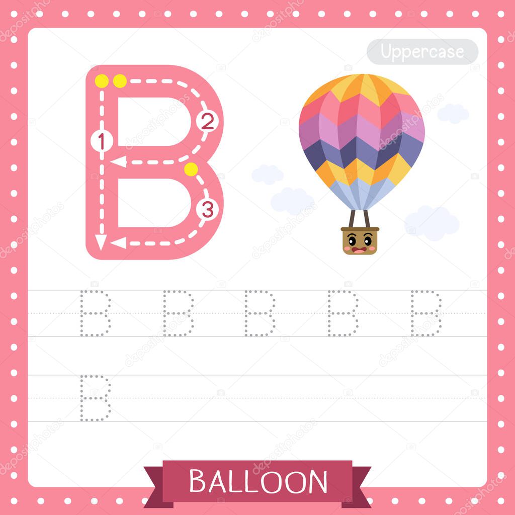 Letter B uppercase cute children colorful transportations ABC alphabet tracing practice worksheet of Balloon for kids learning English vocabulary and handwriting Vector Illustration.