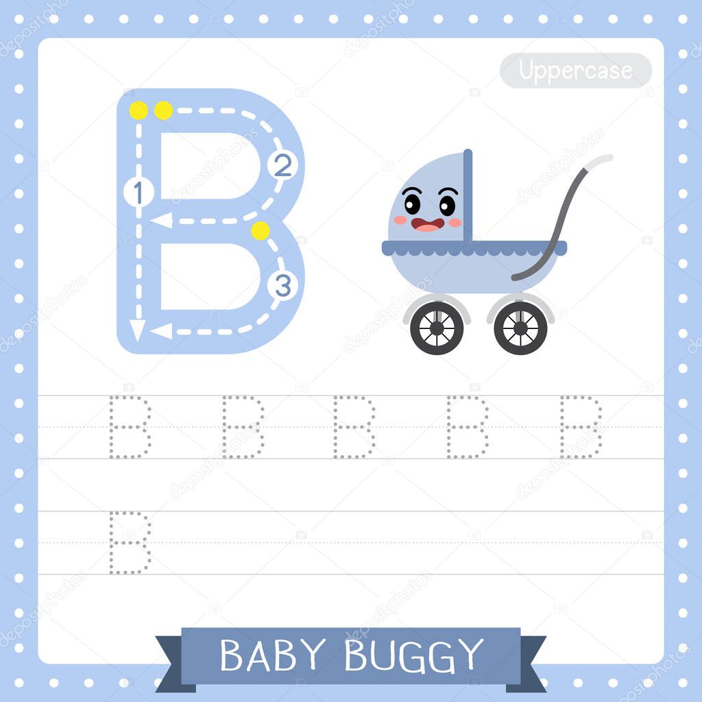 Letter B uppercase cute children colorful transportations ABC alphabet tracing practice worksheet of Baby Buggy for kids learning English vocabulary and handwriting Vector Illustration.