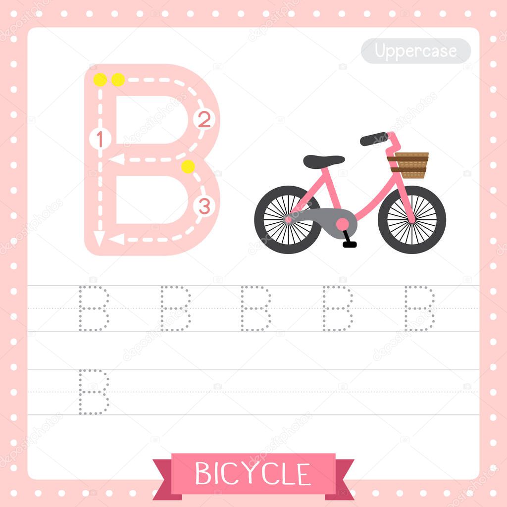 Letter B uppercase cute children colorful transportations ABC alphabet tracing practice worksheet of Bicycle for kids learning English vocabulary and handwriting Vector Illustration.