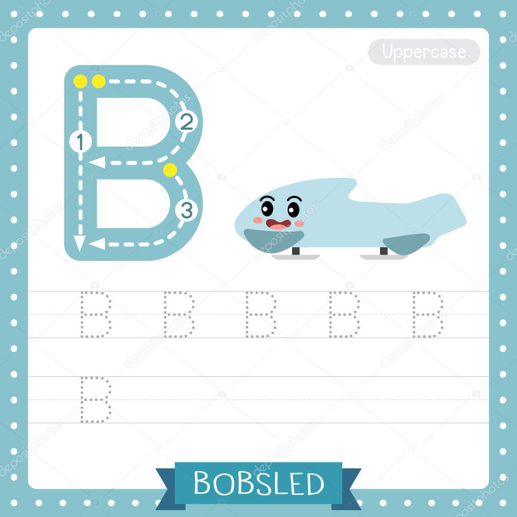 Letter B uppercase cute children colorful transportations ABC alphabet tracing practice worksheet of Bobsled for kids learning English vocabulary and handwriting Vector Illustration.
