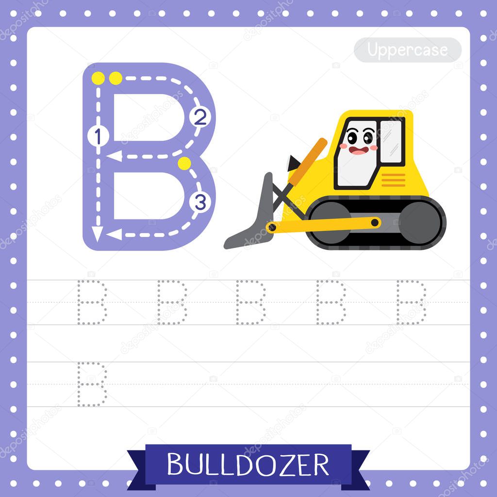 Letter B uppercase cute children colorful transportations ABC alphabet tracing practice worksheet of Bulldozer for kids learning English vocabulary and handwriting Vector Illustration.