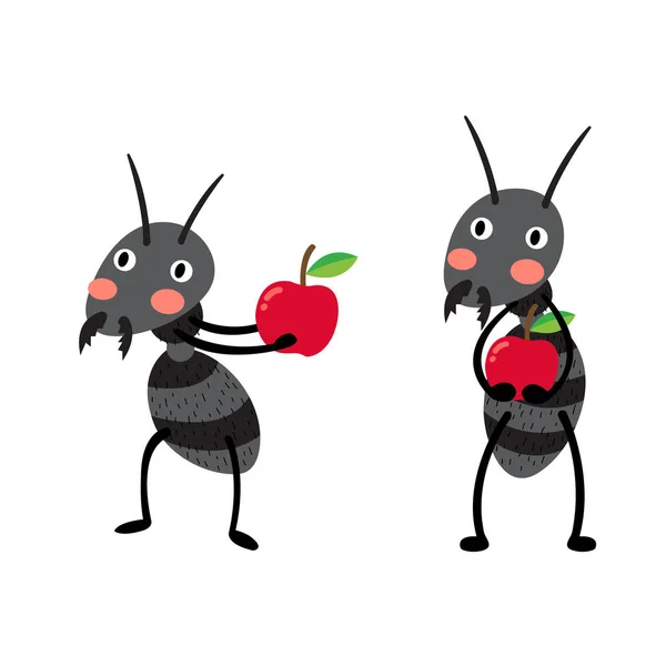 赤いリンゴの漫画のキャラクターを持つ黒いアリ 白い背景に隔離されている ベクターイラスト — ストックベクタ