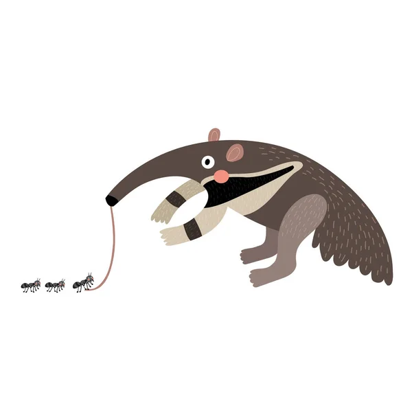Anteater Comiendo Hormigas Personaje Dibujos Animados Aislado Sobre Fondo Blanco — Vector de stock