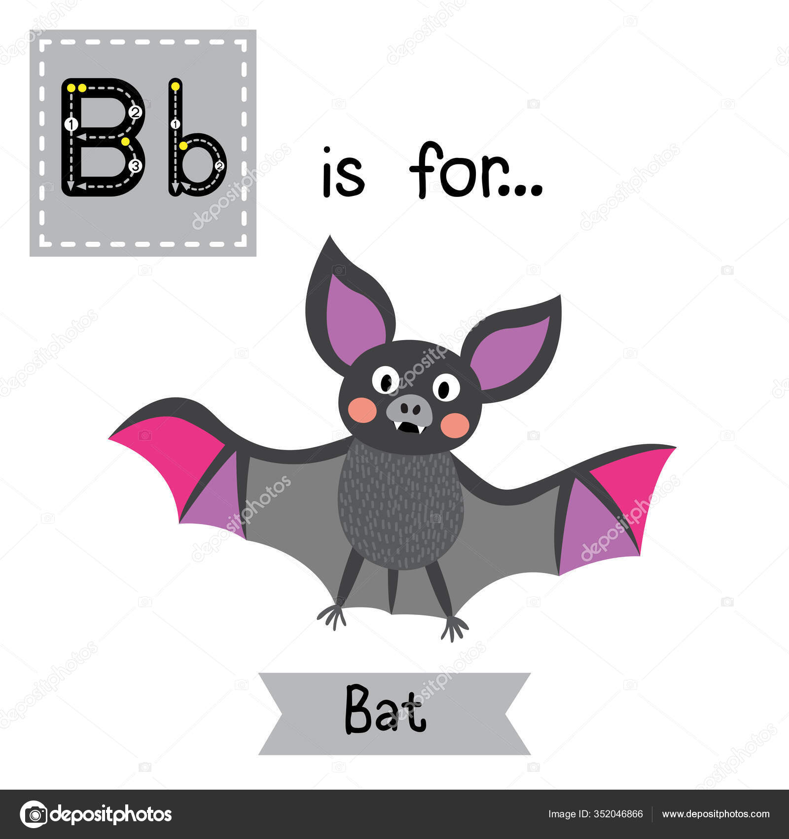 B文字追跡カラフルなバットを飛んで かわいい子供動物園アルファベットフラッシュカード 面白い漫画動物 子供たちは教育を受ける 英語の語彙を学ぶ  ベクターイラスト ストックベクター ©natchapohn 352046866