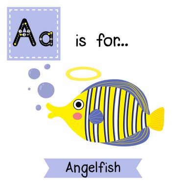 A letter tracing. Angelfish. Cute children zoo alphabet flash card. Funny cartoon animal. Kids abc education. Learning English vocabulary. Vector illustration. clipart