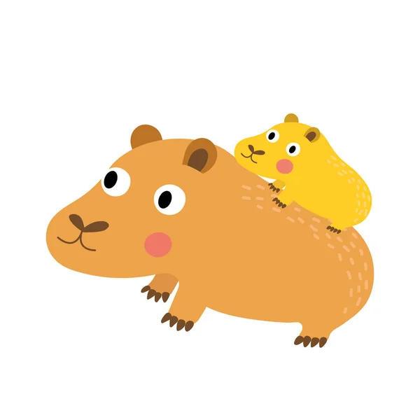 Capybara Madre Hijo Animal Dibujo Animado Personaje Vector Ilustración — Vector de stock