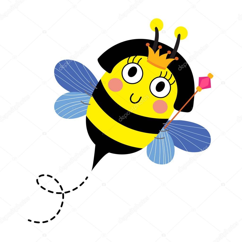Cute Queen Bee holding scepter animal cartoon character vector illustration.