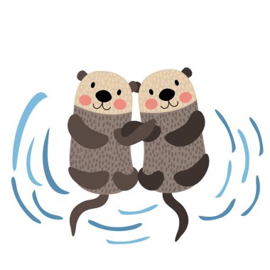 Otter couple holding hands animal cartoon character vector illustration clipart