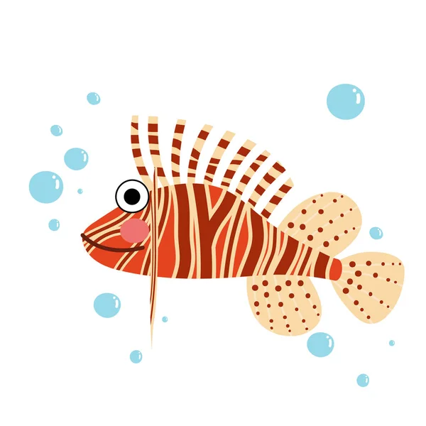 Lionfish Vista Laterale Animale Cartone Animato Personaggio Vettoriale Illustrazione — Vettoriale Stock