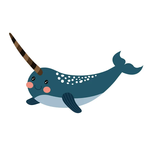 Lange Stoßzähne Narwhal Tier Zeichentrickfigur Vektor Illustration — Stockvektor