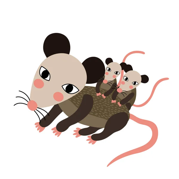 Mãe Bebê Opossum Animal Desenho Animado Personagem Vetor Ilustração — Vetor de Stock