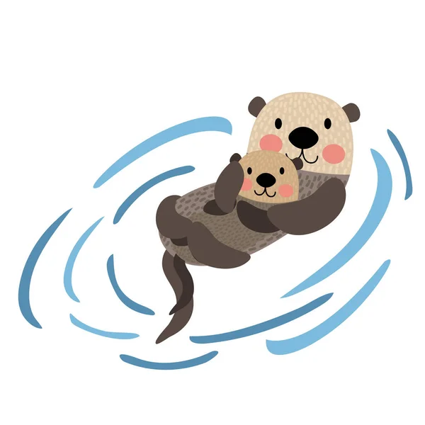 Otter Madre Hijo Animal Dibujo Animado Personaje Vector Ilustración — Vector de stock