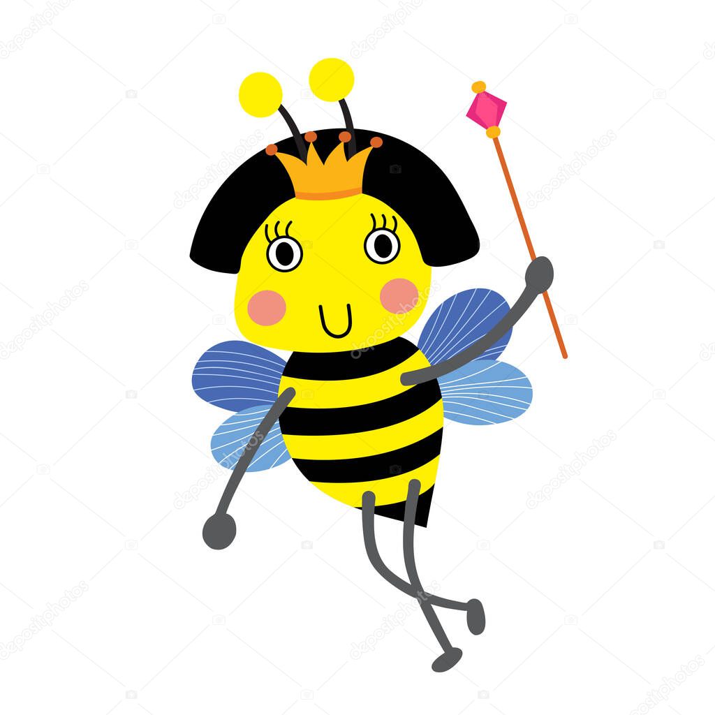 Happy Queen Bee holding scepter animal cartoon character. Isolated on white background. Vector illustration.