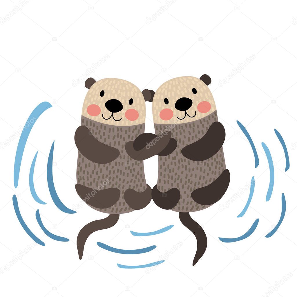 Otter couple holding hands animal cartoon character vector illustration
