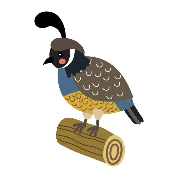 Quail Bird Perching Wood Log Animal Cartoon Character Vector Illustration — Stock Vector