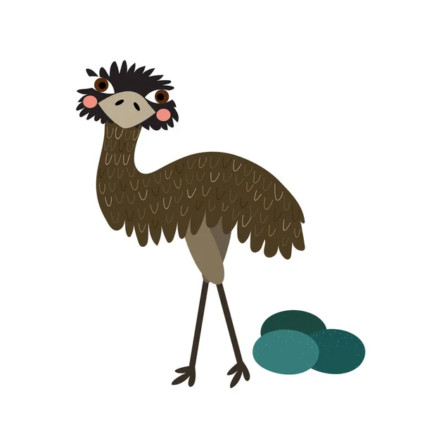 Emu Debout Avec Des Œufs Animal Dessin Animé Personnage Vectoriel — Image vectorielle