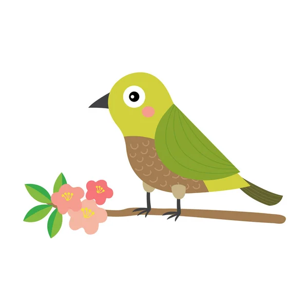 Uguisu Bird Bird Perching Branch Animal Cartoon Character Vector Illustration — Stock Vector