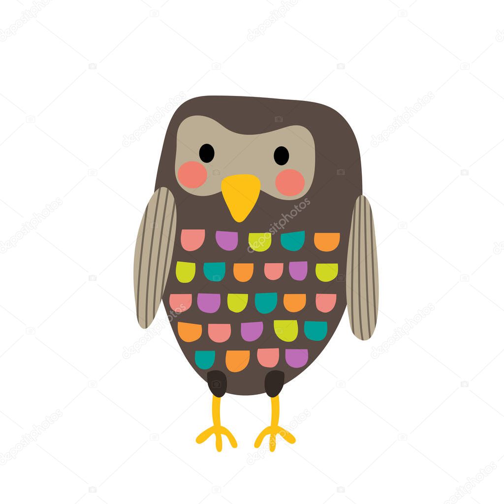 Standing colorful Owl bird animal cartoon character vector illustration.