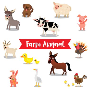 Beyaz arka planda çiftlik hayvanları çizgi filmi ve elma ağaçları. Keçi. Korkak. Piliç. Kaz. Eşek. Koyun. At mı? Eğil. Tavşan. Domuz herif. Köpek. İnek. Hindi. Vektör illüstrasyonu.