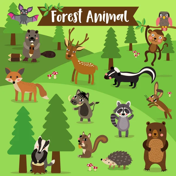 Desenhos Animados Forest Animal Morcego Coruja Raposa Veado Urso Guaxinim — Vetor de Stock