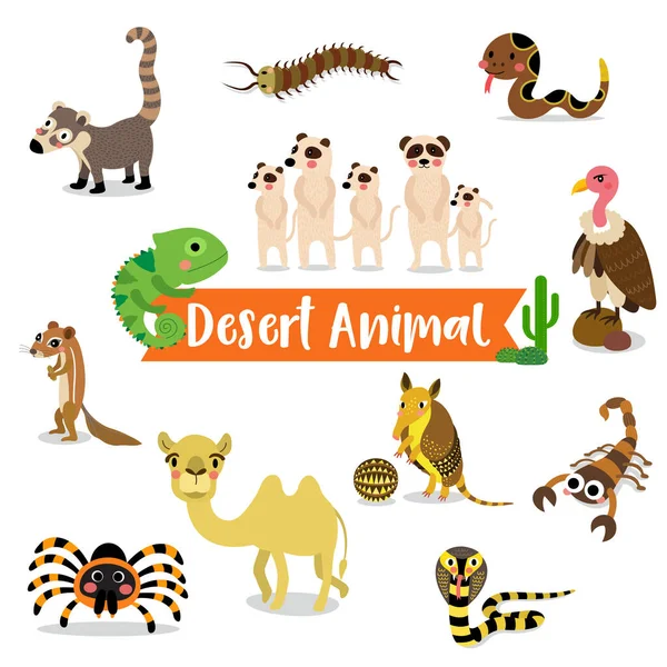 Desert Animal Cartoon Witte Achtergrond Kameel Een Cobra Schorpioen Armadillo — Stockvector
