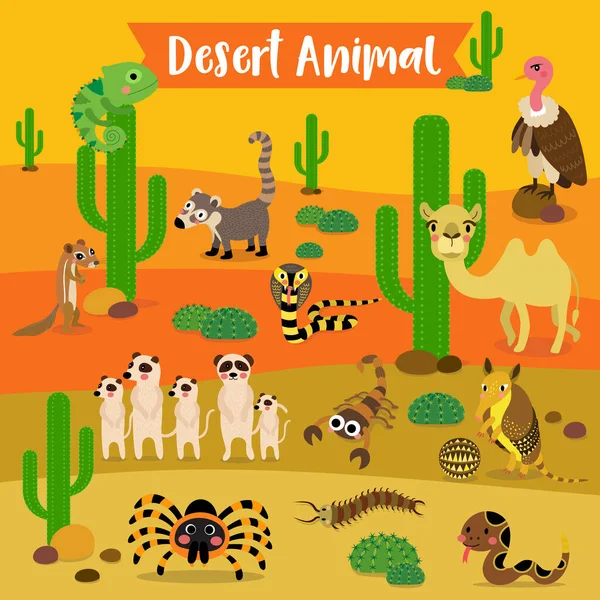 Dibujos Animados Desert Animal Sobre Fondo Del Desierto Camello Cobra — Vector de stock