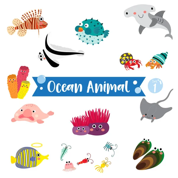 Ocean Animal Rajzfilm Fehér Háttérrel Fújóhal Kalapácsfejű Cápa Remeterák Szivacs — Stock Vector