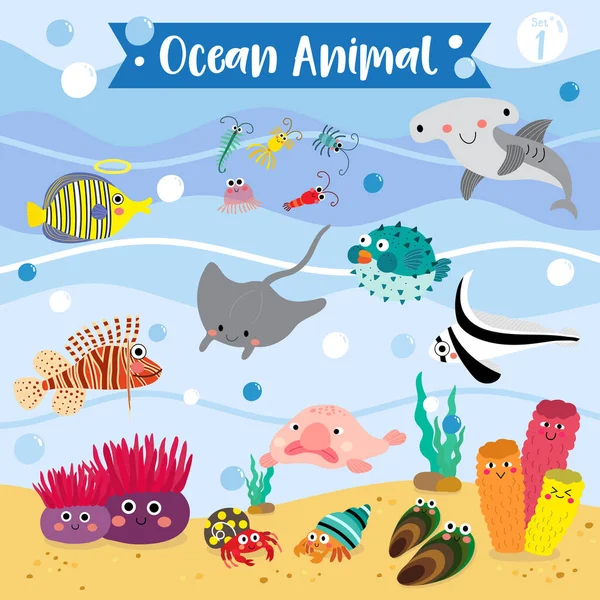 Ocean Animal Rajzfilm Víz Alatti Háttér Fújóhal Kalapácsfejű Cápa Remeterák — Stock Vector