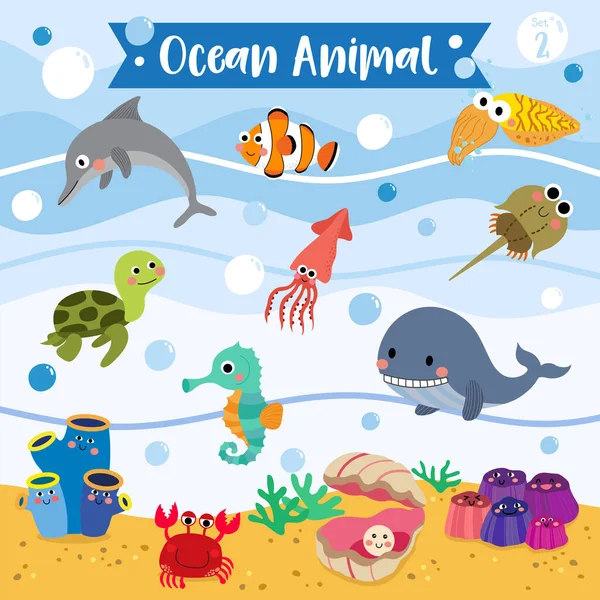Ocean Animal Desenho Animado Fundo Subaquático Tartaruga Baleia Uma Lula —  Vetores de Stock