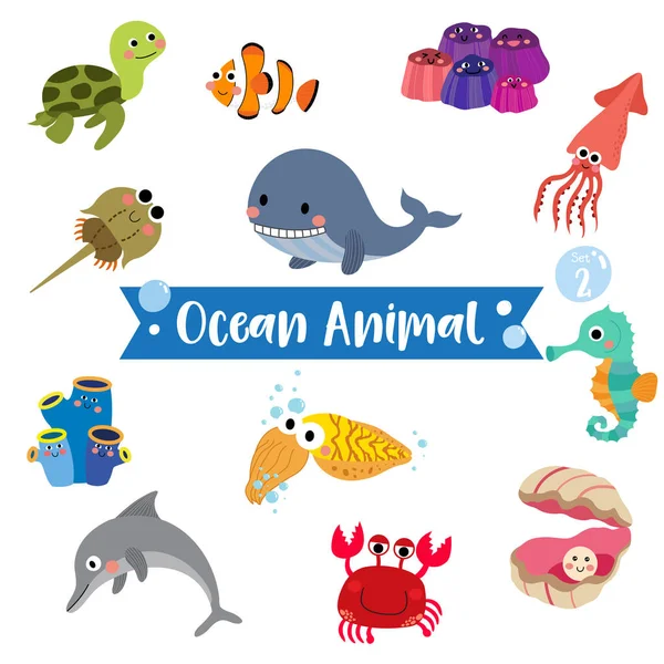 Desenhos Animados Ocean Animal Sobre Fundo Branco Tartaruga Baleia Uma —  Vetores de Stock