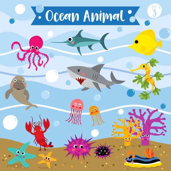 Ocean Animal Cartoon Underwater Background Lobster Starfish Octopus Shark Jellyfish — Stock Vector