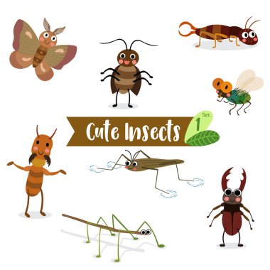 Beyaz arka planda sevimli böcek hayvan karikatürü. Uç! Hamamböceği. Pond Pkater. Çubuk Böceği. Güve. Termit. Kulaklık. Geyik Böceği. Böcek. Vektör illüstrasyonu. 