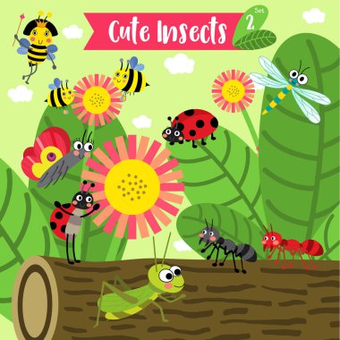 Bahçedeki sevimli böcek hayvan çizgi filmi. Arı. Karınca. Uğur böceği. Uğur böceği. Kelebek. Çekirge. Yusufçuk. Kraliçe Arı. Vektör illüstrasyonu.