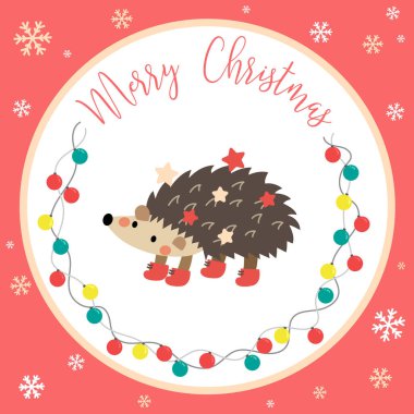 Şirin Mutlu Kirpi mutlu noel kartı tasarımı kırmızı arka planda renkli ampuller. İyi bayramlar. Vektör İllüstrasyonu.