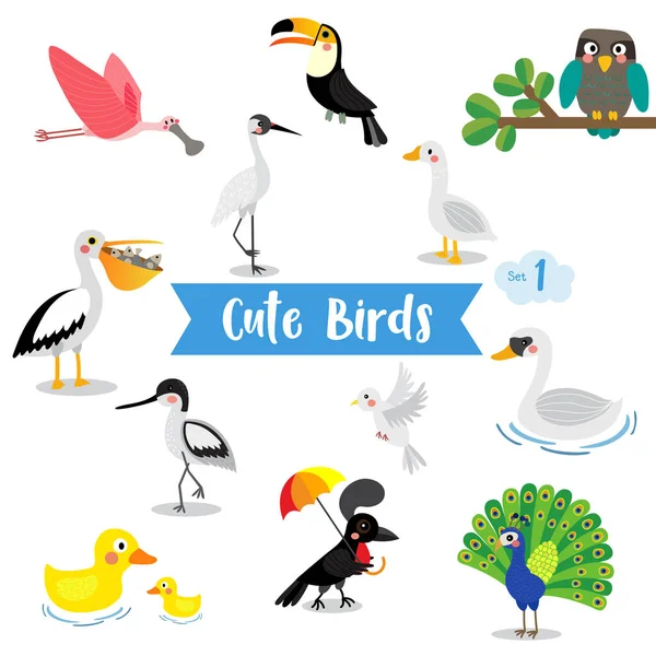Nette Vögel Animal Cartoon Auf Weißem Hintergrund Ente Taube Pfau — Stockvektor
