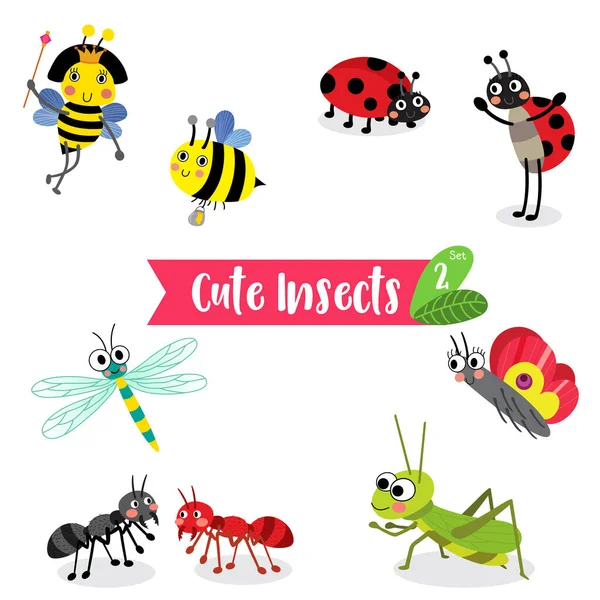 Leuke Insecten Dier Cartoon Witte Achtergrond Bijen Mier Lieveheersbeestje Lieveheersbeestje — Stockvector