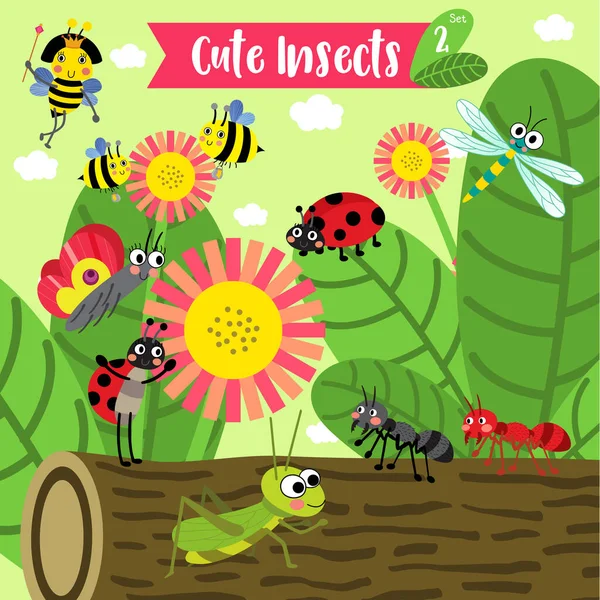 Leuke Insecten Dier Cartoon Tuin Bijen Mier Lieveheersbeestje Lieveheersbeestje Vlinder — Stockvector