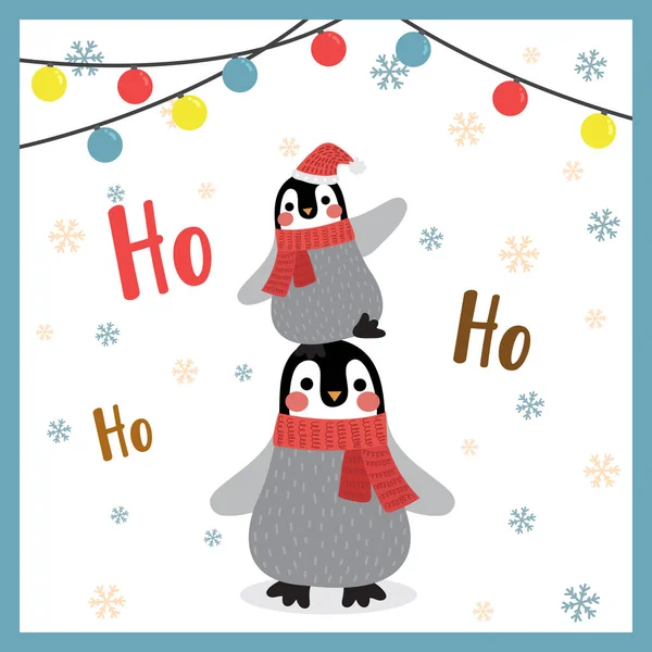 Счастливые Пингвины Счастливого Рождества Цвета Лампочки Сезонные Поздравления Векторная Миграция — стоковый вектор