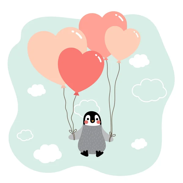 Pingüino Flotando Cielo Por Globos Cardíacos — Vector de stock